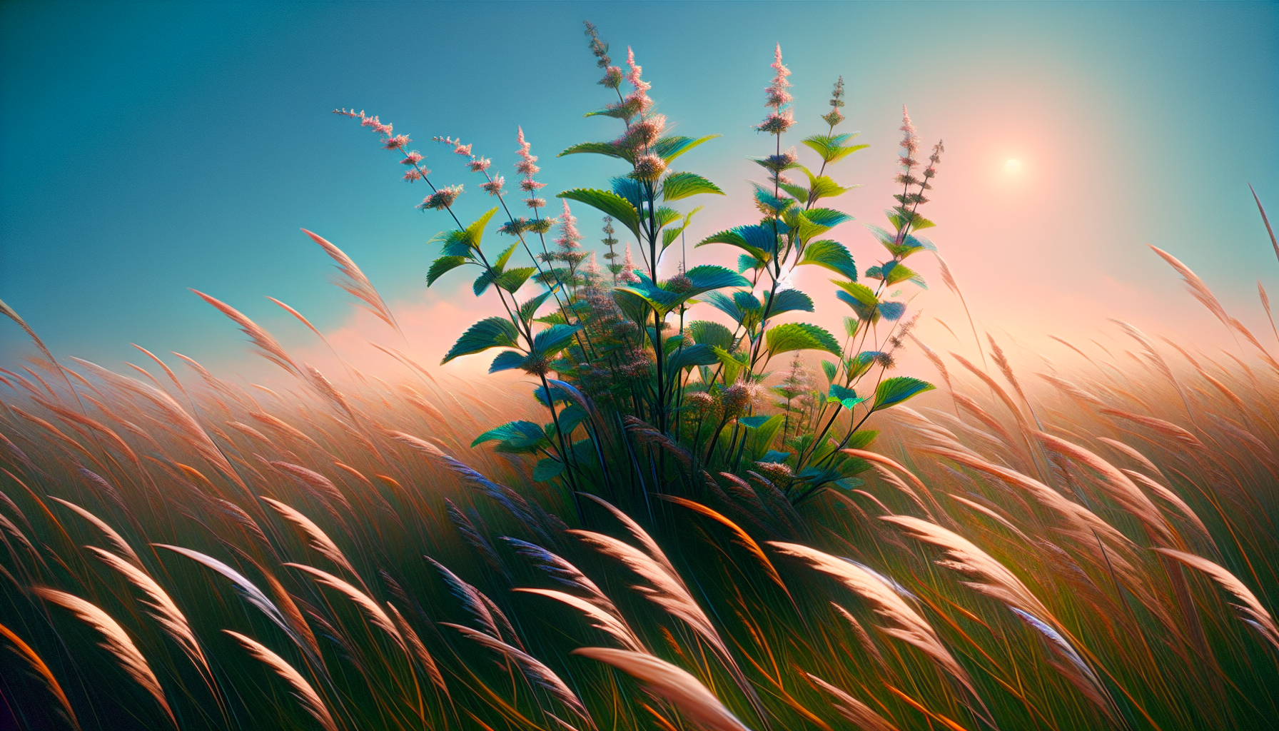 Corriente de aire aromático de menta sobre hierba alta