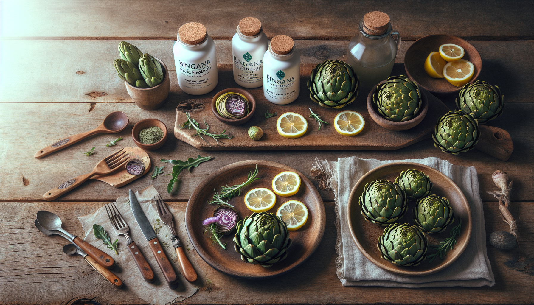 Platos de alcachofa, cardo mariano y limón en superficie rústica