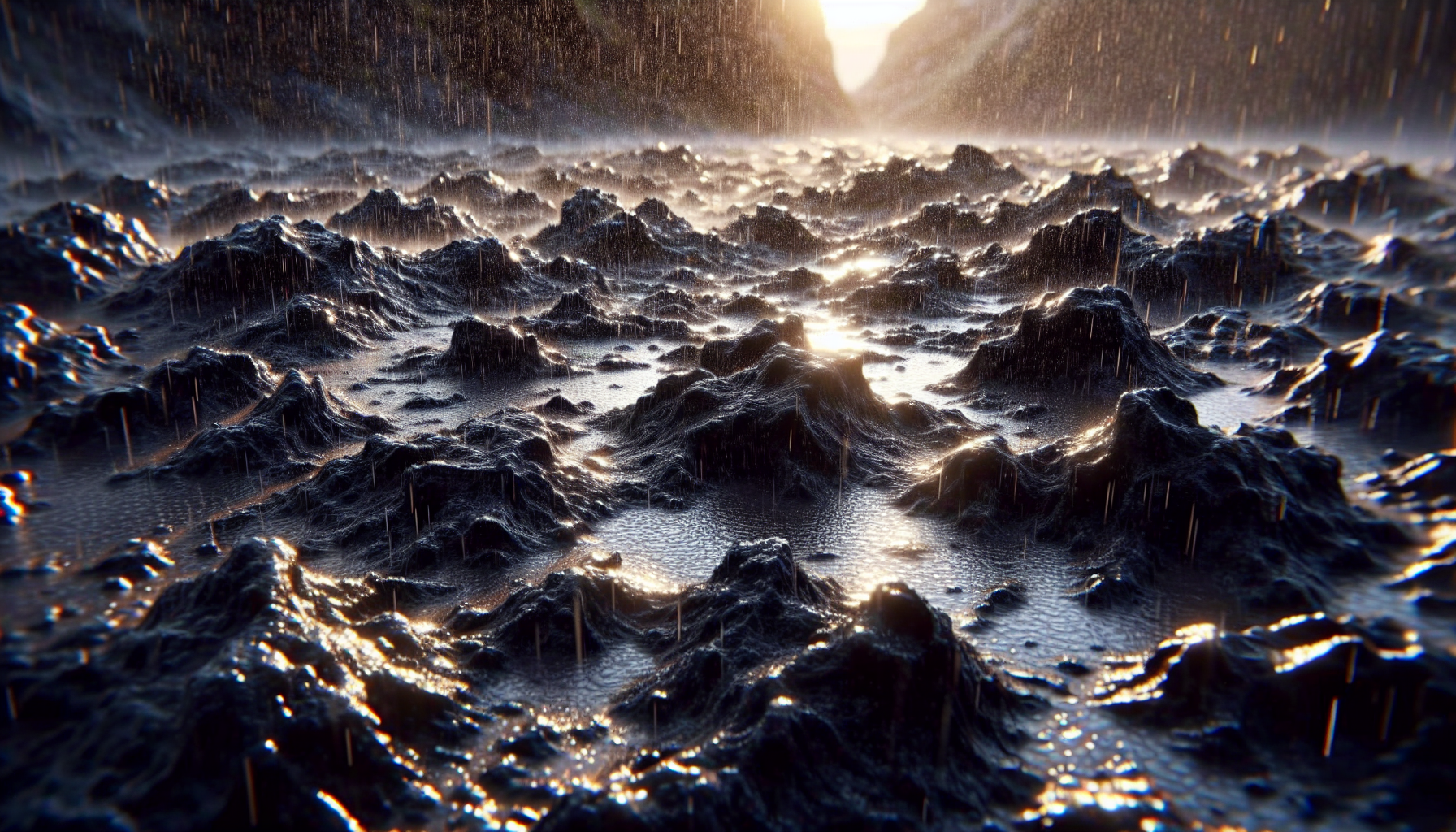 Lámina de roca volcánica mojada por llovizna ligera