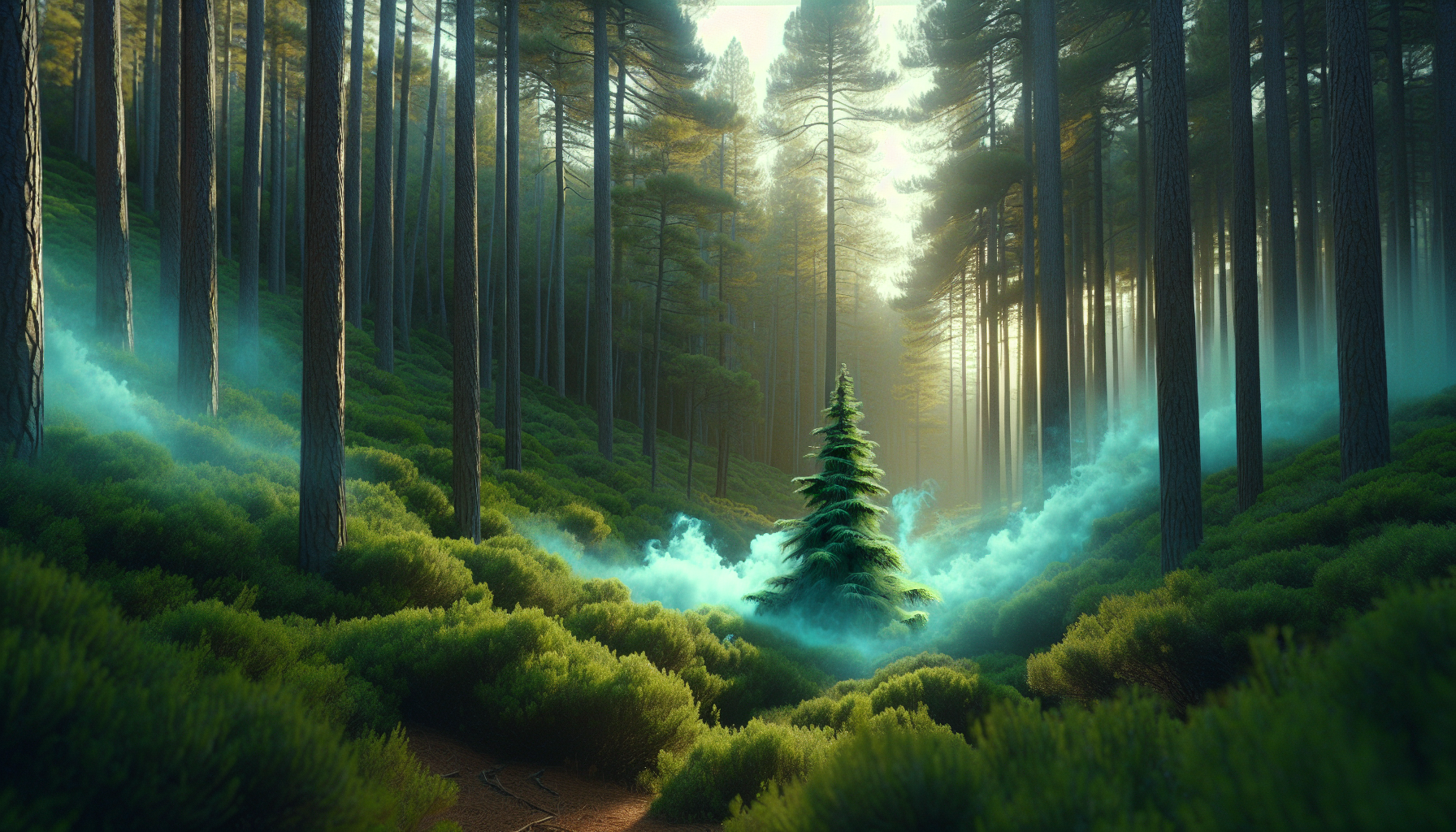 Bruma fresca de eucalipto ascendente entre pinos