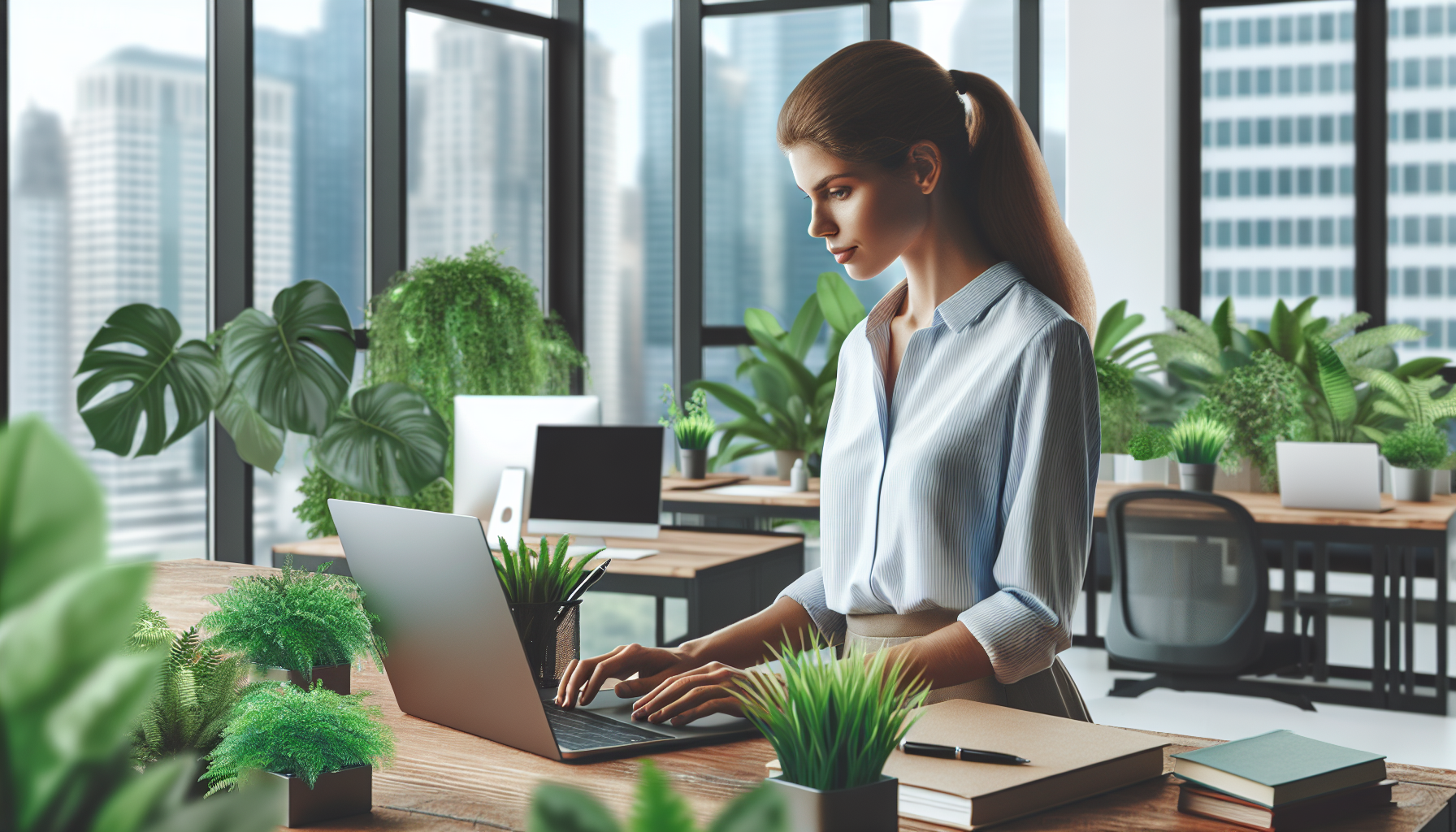 Mujer trabajando en una oficina con plantas alrededor