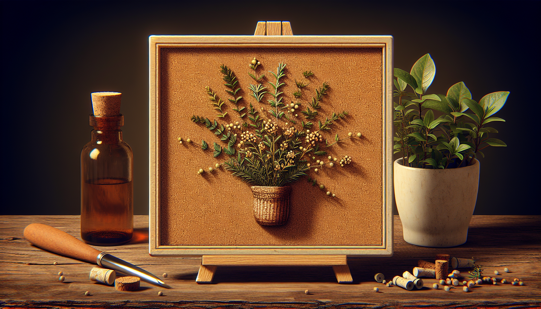 Panel de corcho adornado con ramitas de romero y tomillo