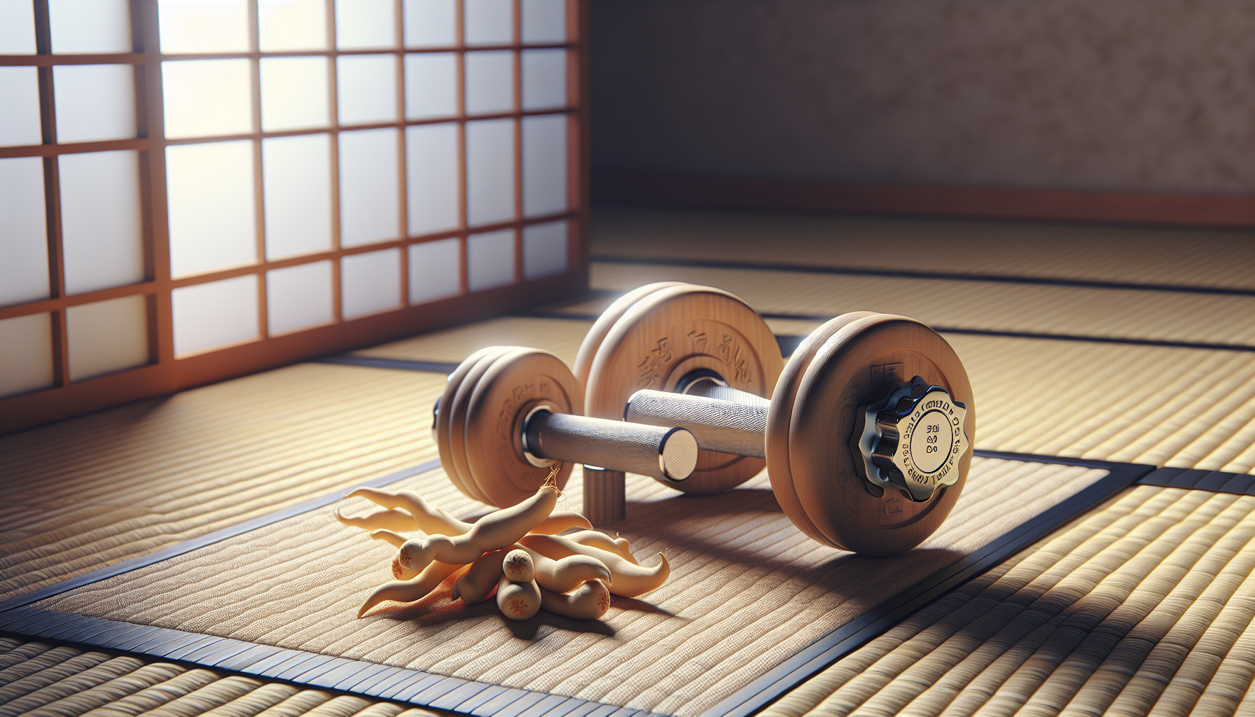 Mancuernas de madera colocadas sobre tatami y ginseng