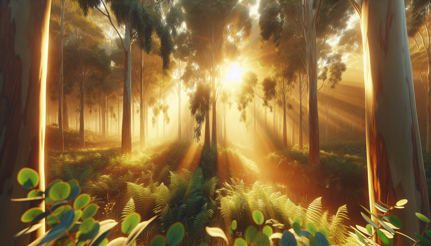 Luz dorada filtrándose entre hojas de eucalipto en altura