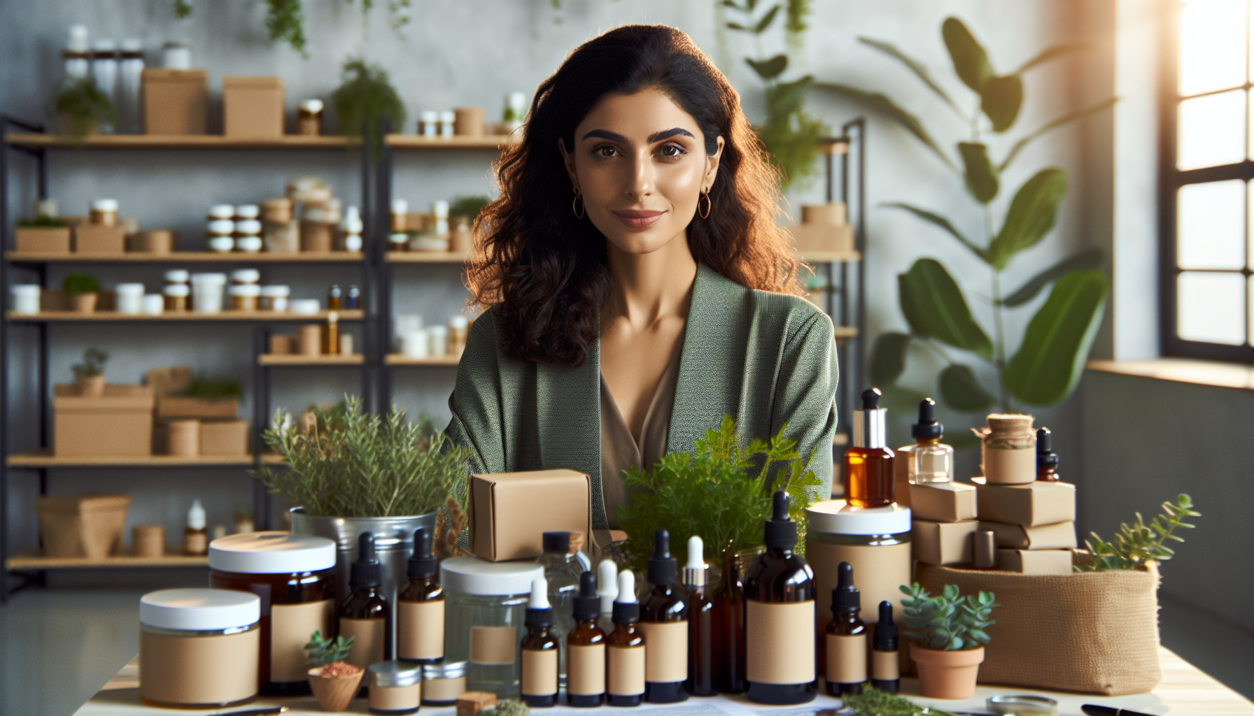 Mujer líder en cosmética natural rodeada de productos naturales