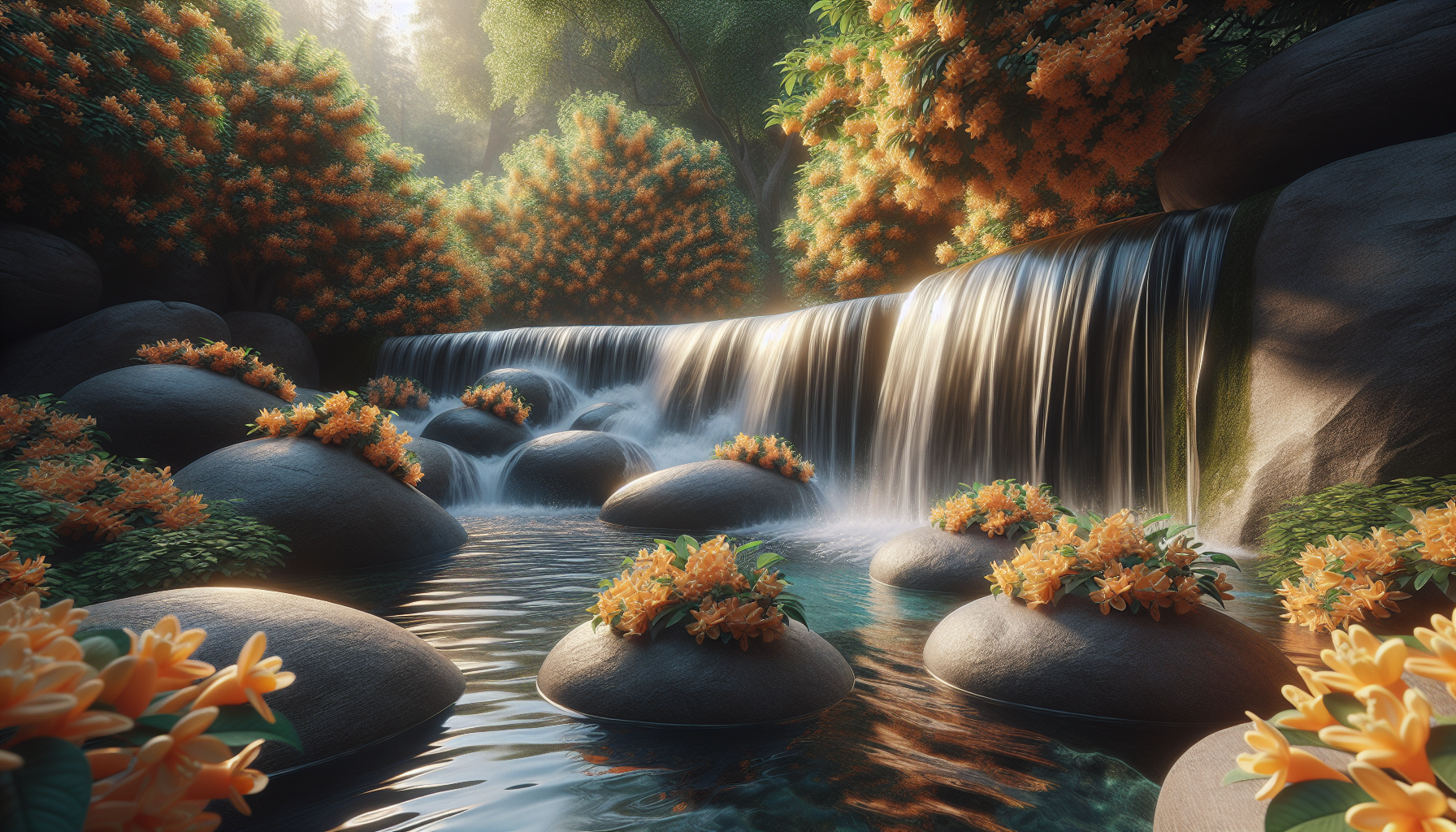 Cascada de azahar sobre rocas pulidas