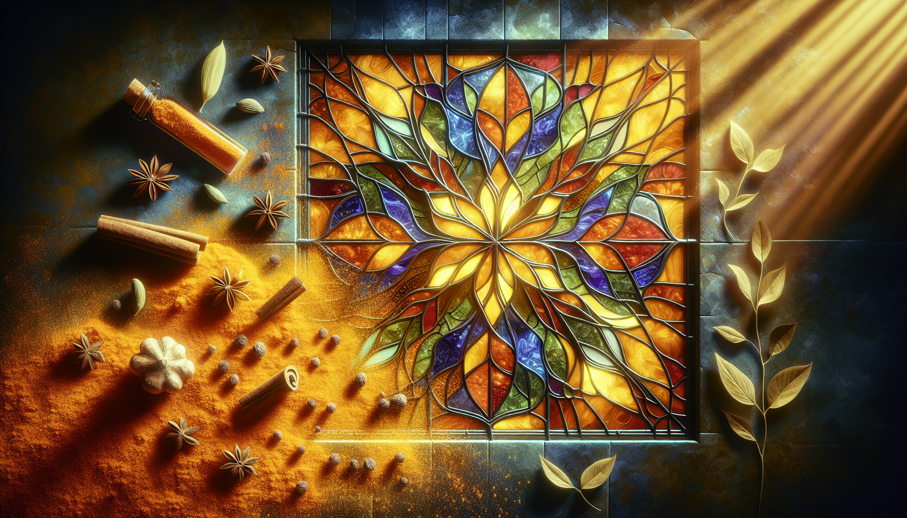 Vitral de colores cálidos reflejando destellos de cúrcuma y cardamomo