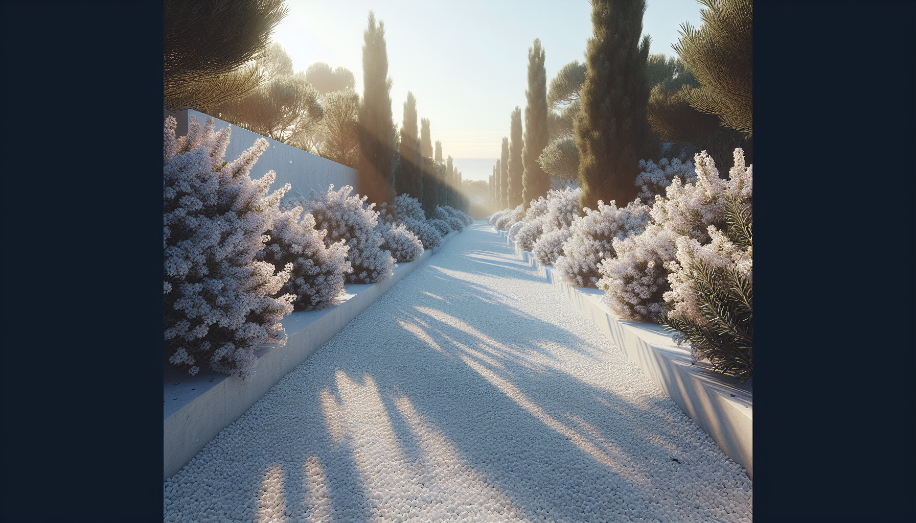 Caminos de grava blanca bordeados de romero en flor