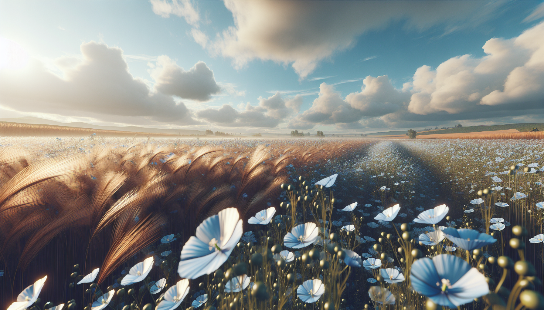 Campos de lino ondeando bajo un cielo despejado