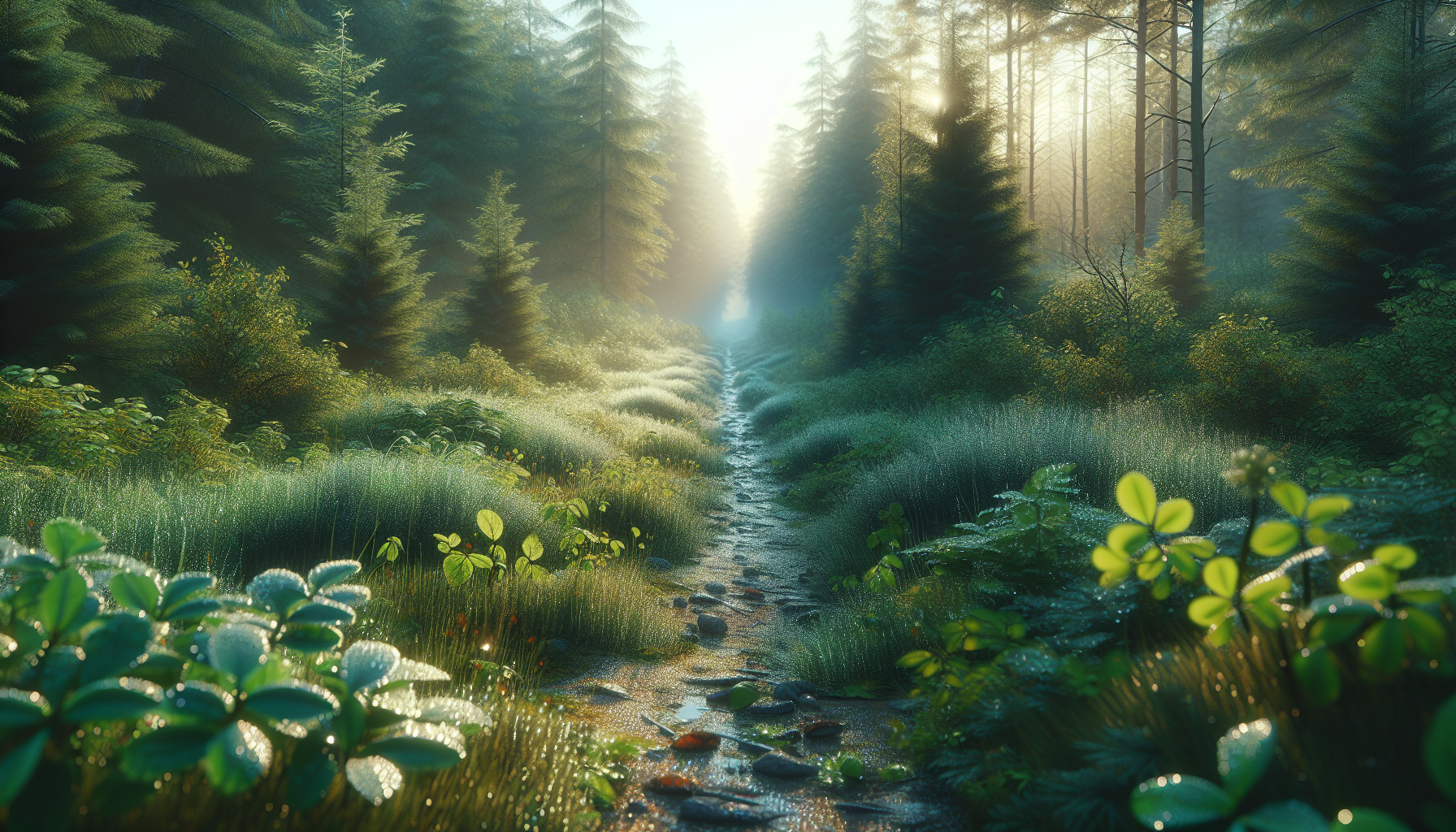 Ruta forestal cubierta de rocío y brotes verdes al amanecer