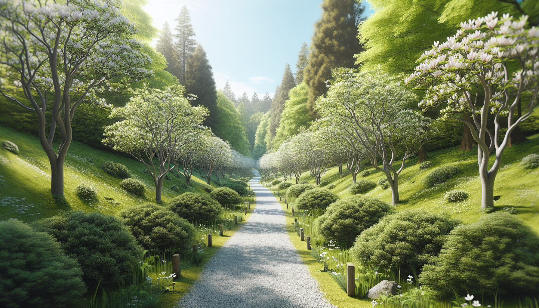 Camino de grava bordeado de capullos de magnolia y tomillo limonero