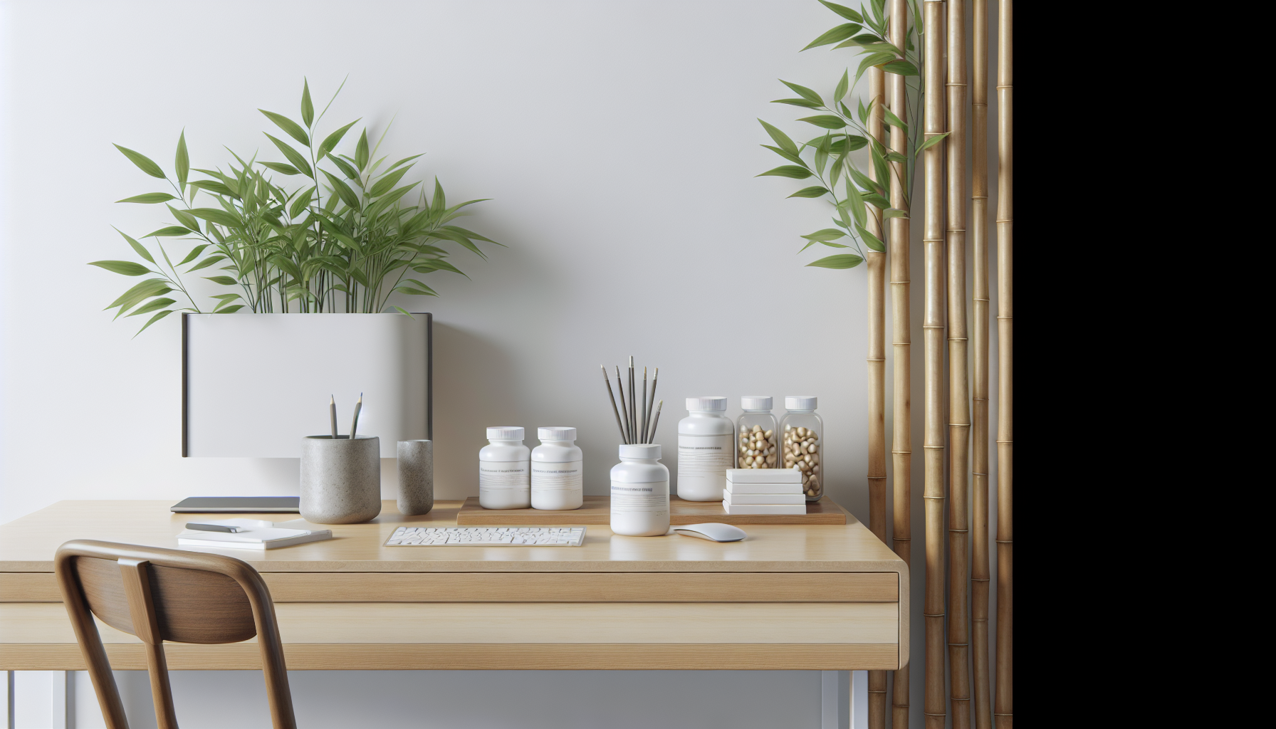 Escritorio minimalista con frasco de complejos vitamínicos y planta de bambú