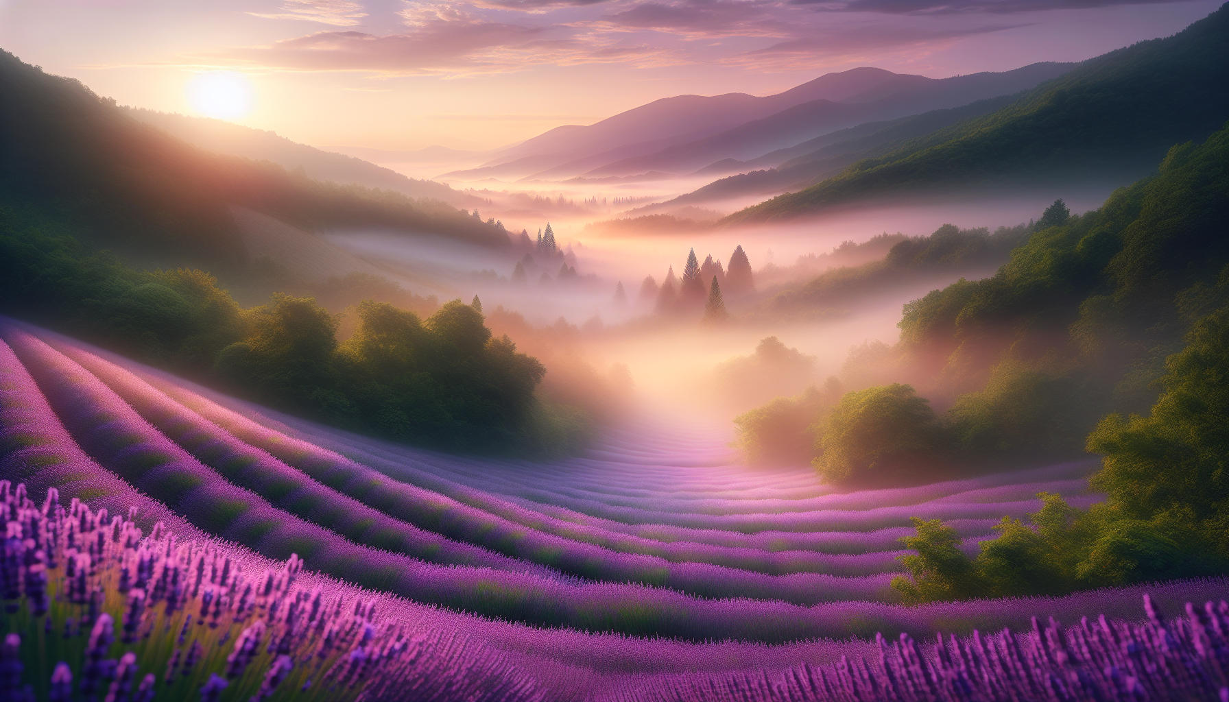 Neblina disipándose y revelando campo de lavanda en flor