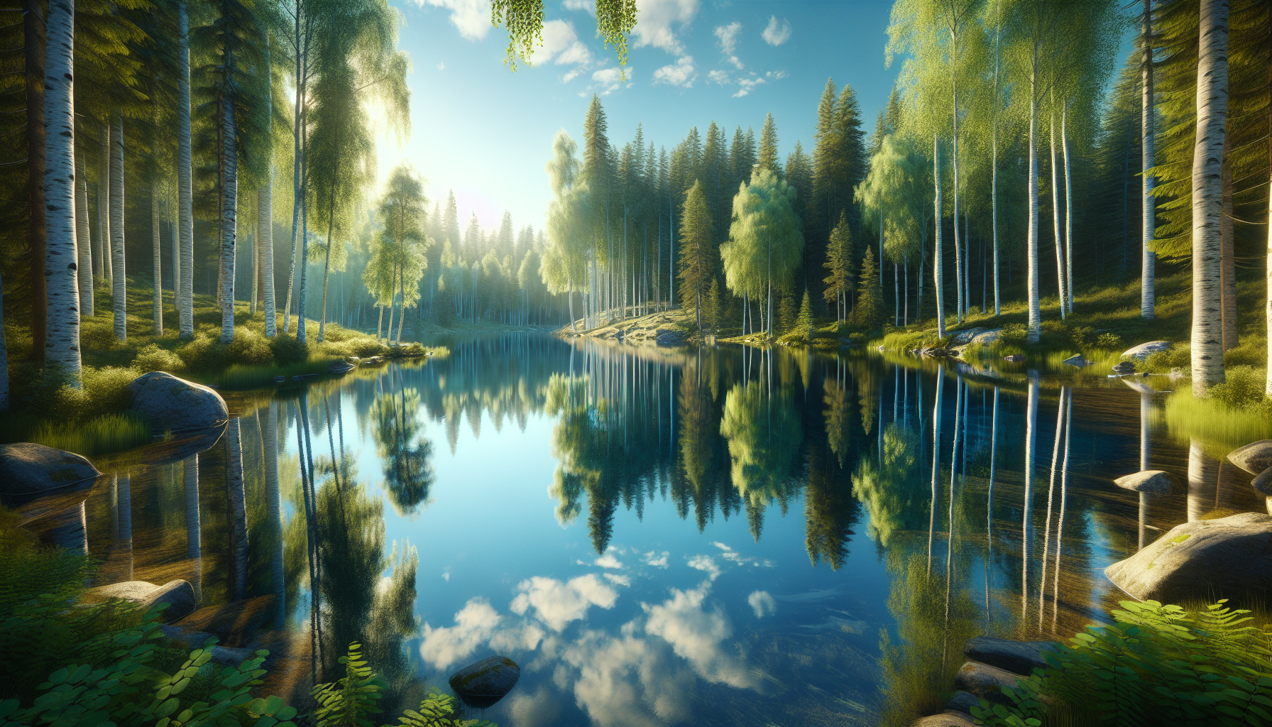 Lago espejo rodeado de abedules y reflejos claros