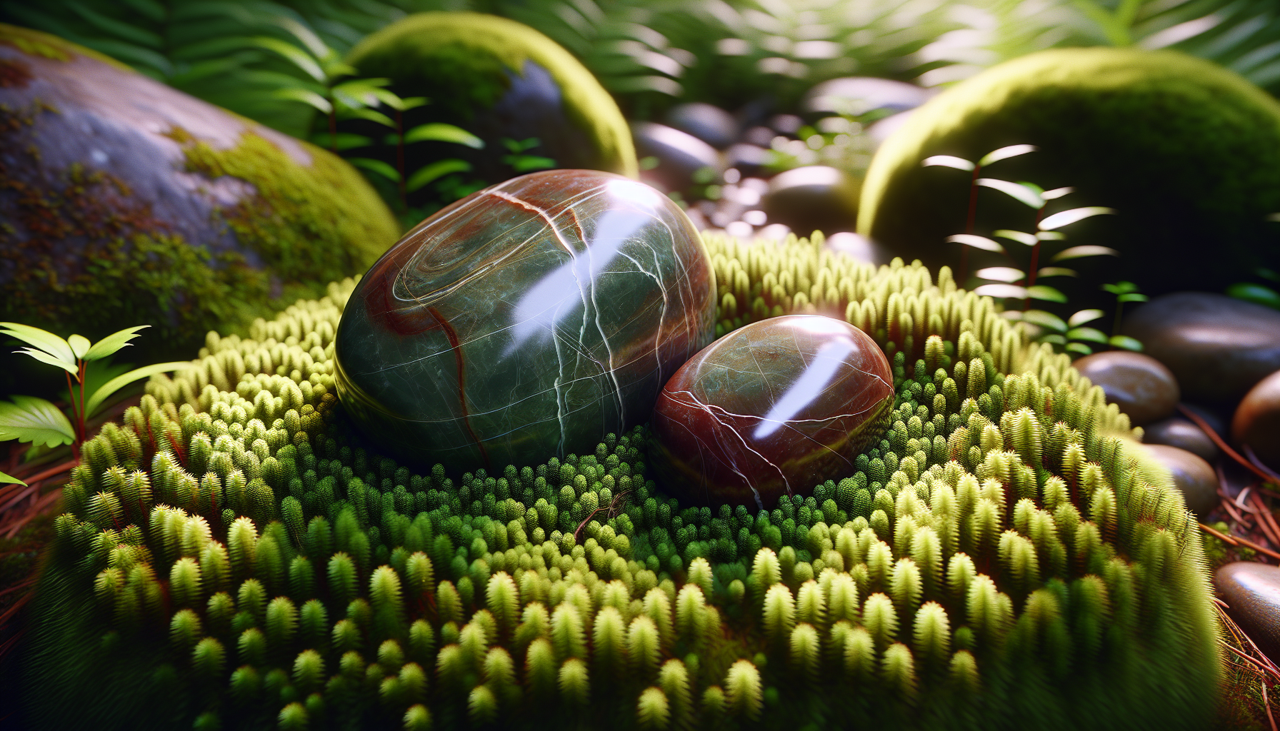 Dos piedras pulidas, una grande y otra pequeña, sobre musgo