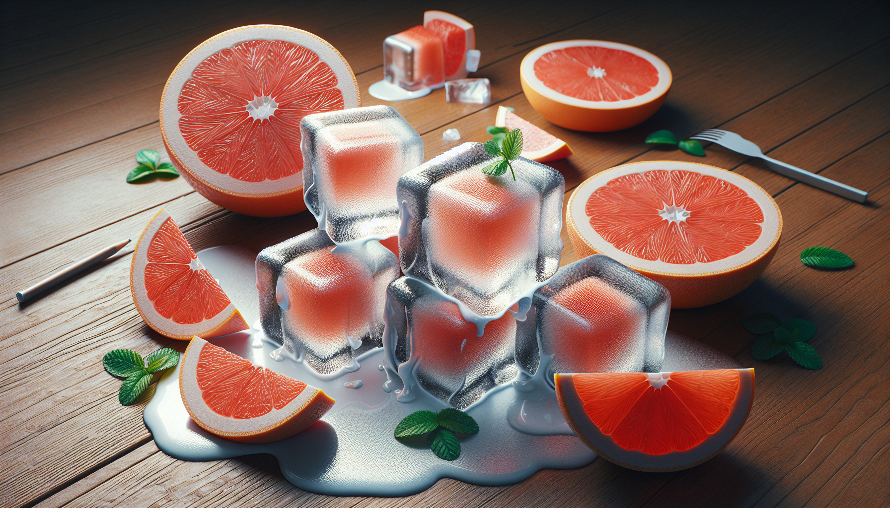 Bloques de hielo derritiéndose junto a rodajas de pomelo