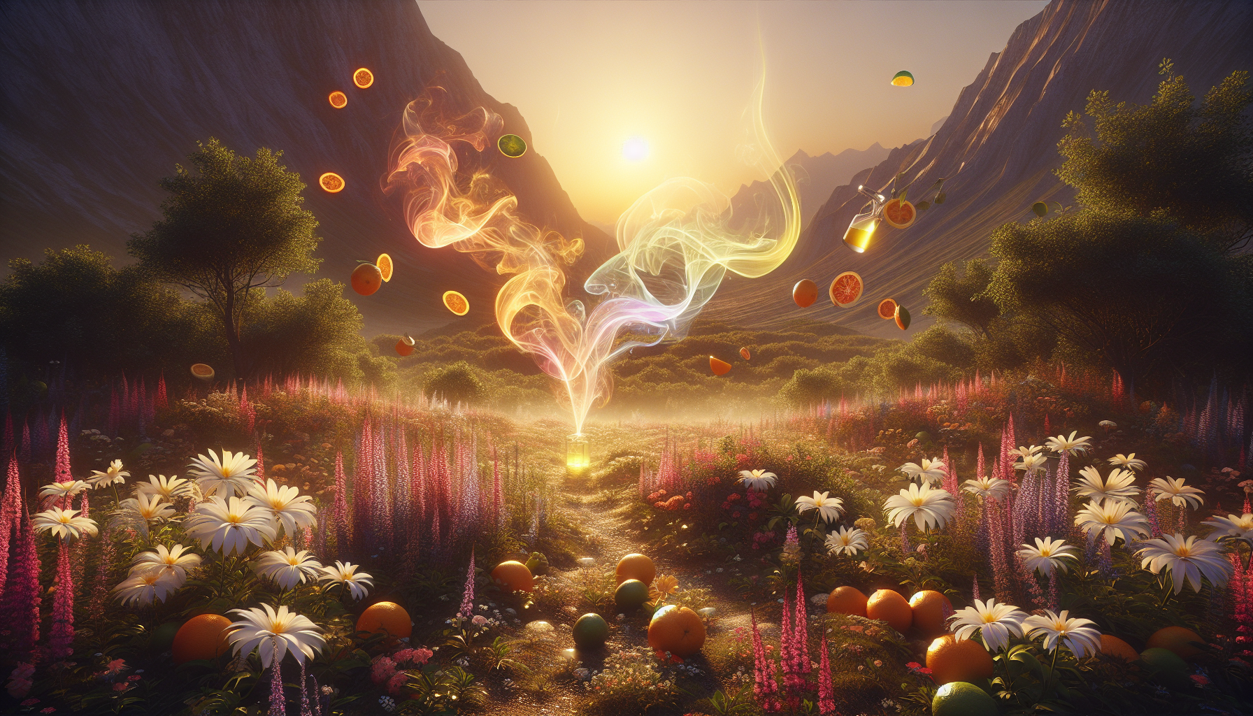 Aromas cítricos flotando sobre meseta repleta de flores silvestres