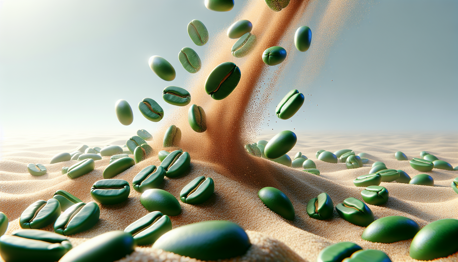 Granos de café verde cayendo como flechas sobre arena suave