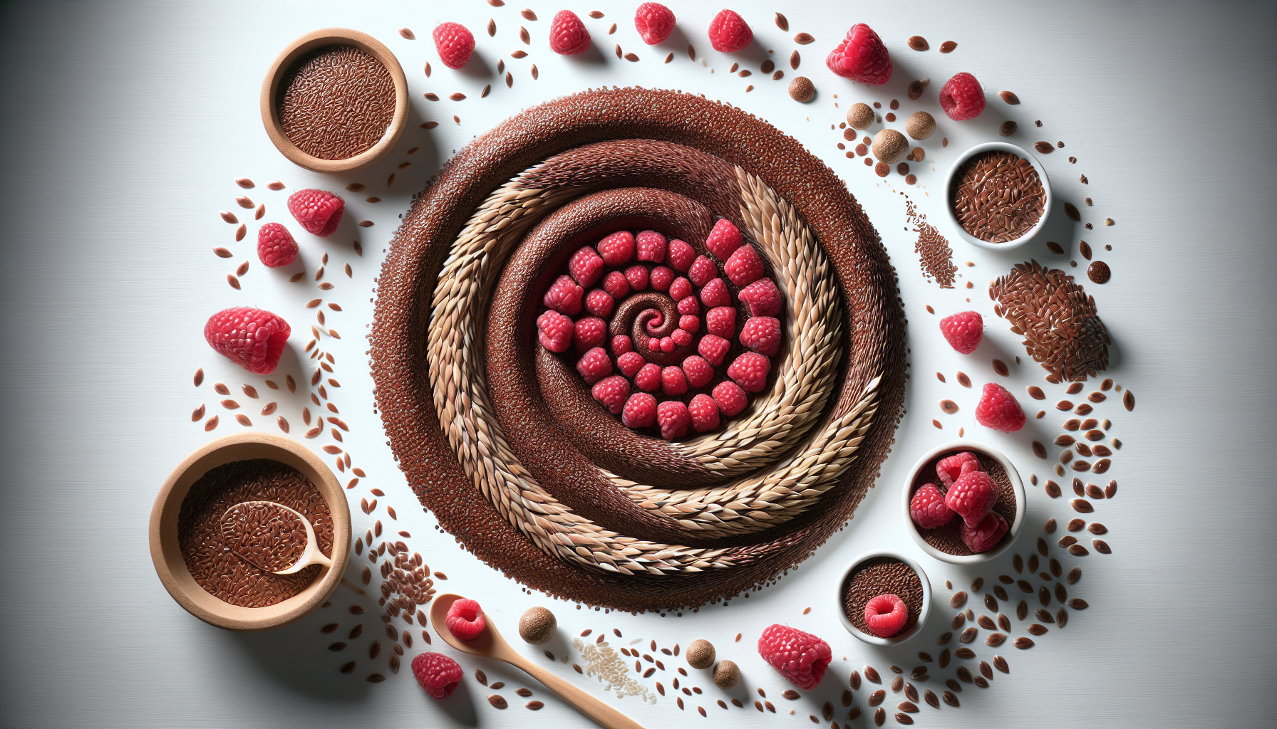 Espiral de semillas de lino y frambuesa sobre fondo blanco