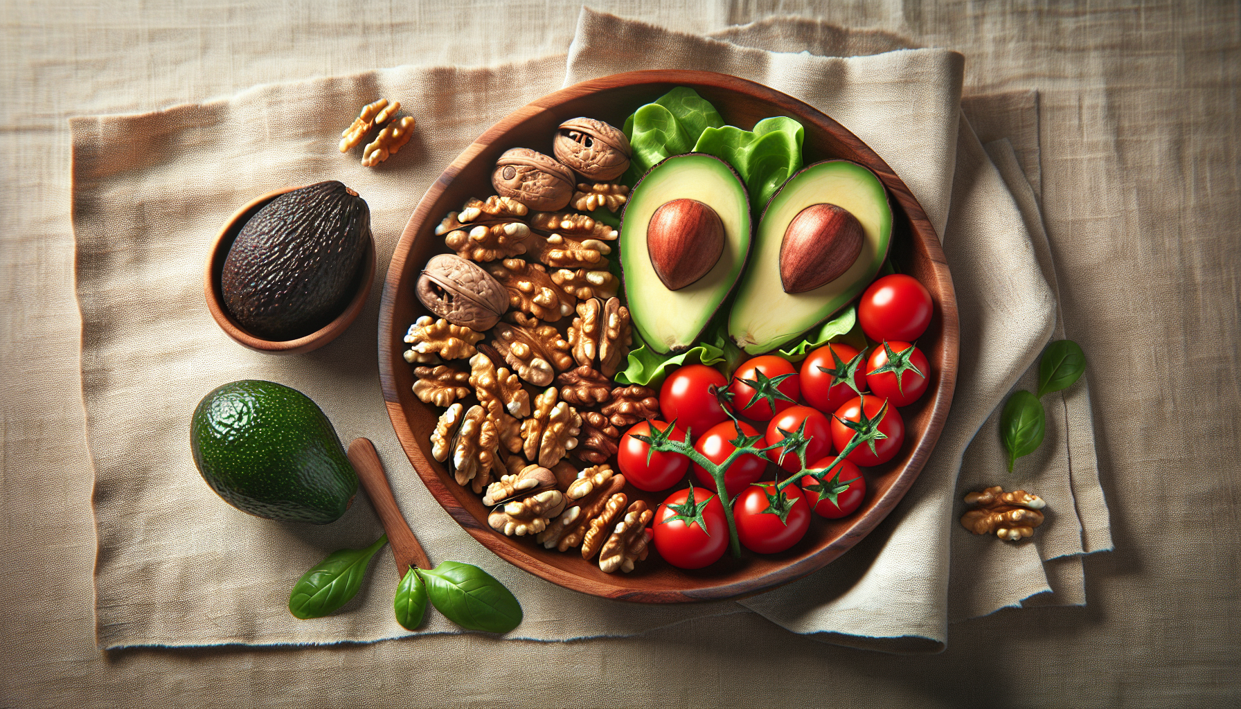 Plato de aguacate, nueces y tomate sobre mantel lino crudo