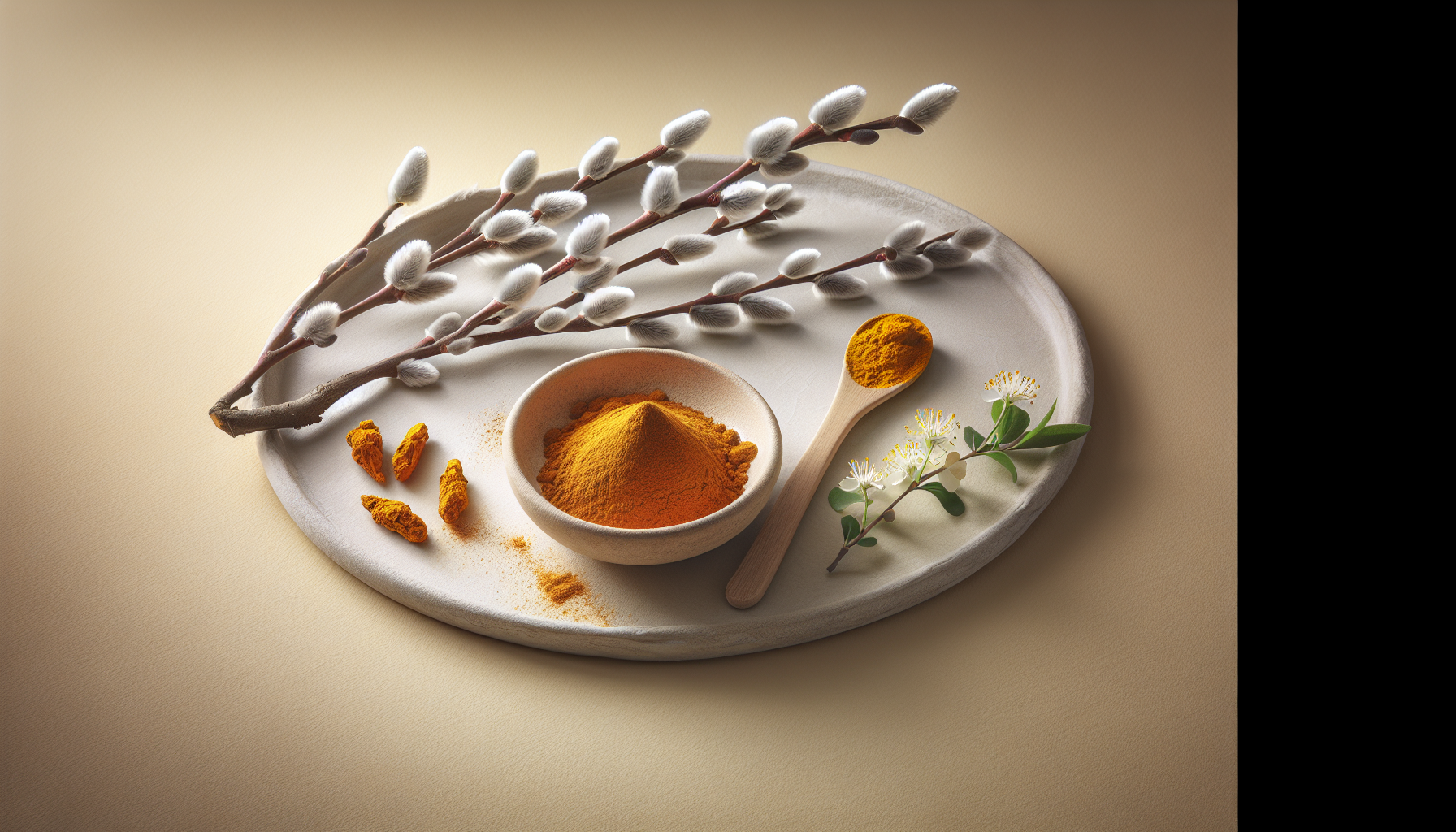Rama de sauce blanco junto a cúrcuma en polvo sobre fondo calmante