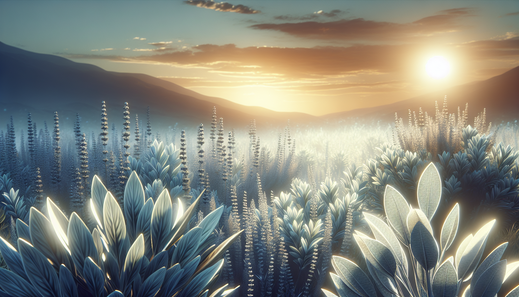 Brisa fresca de salvia y lavanda moviendo hojas plateadas al amanecer