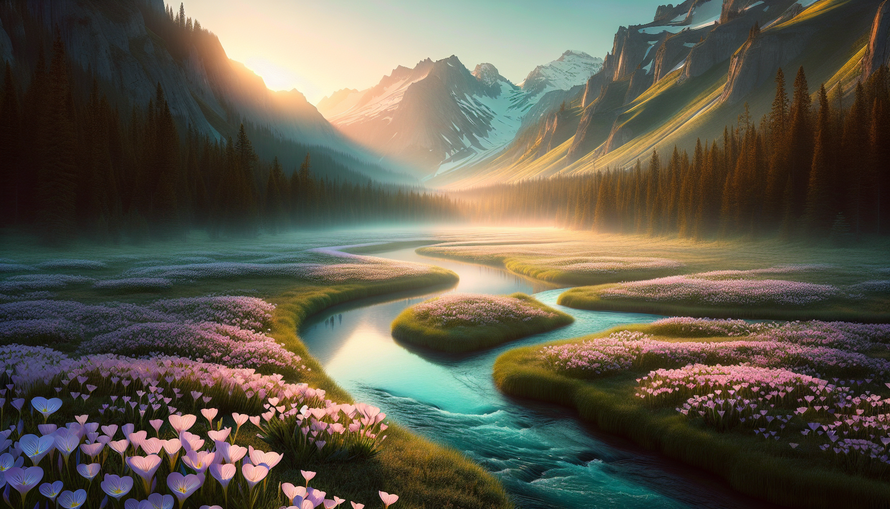 Río cristalino serpenteando entre praderas de onagra en flor