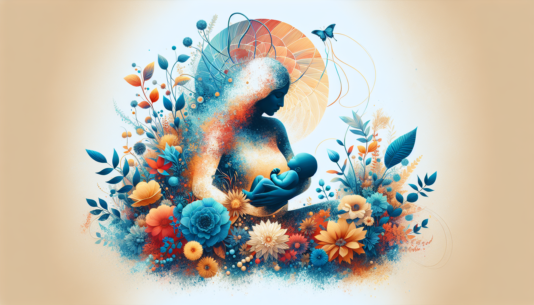 Madre y bebé rodeados de elementos naturales, como flores