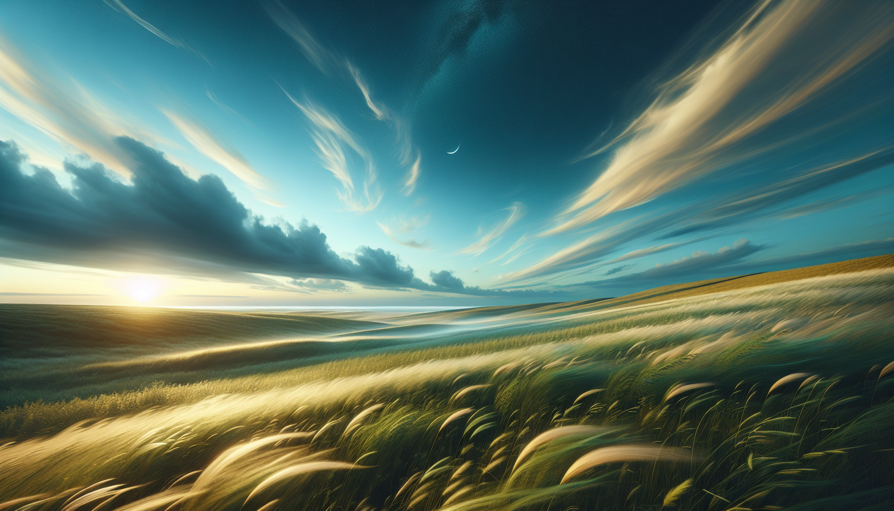 Franja de cielo claro y hierbas onduladas por el viento