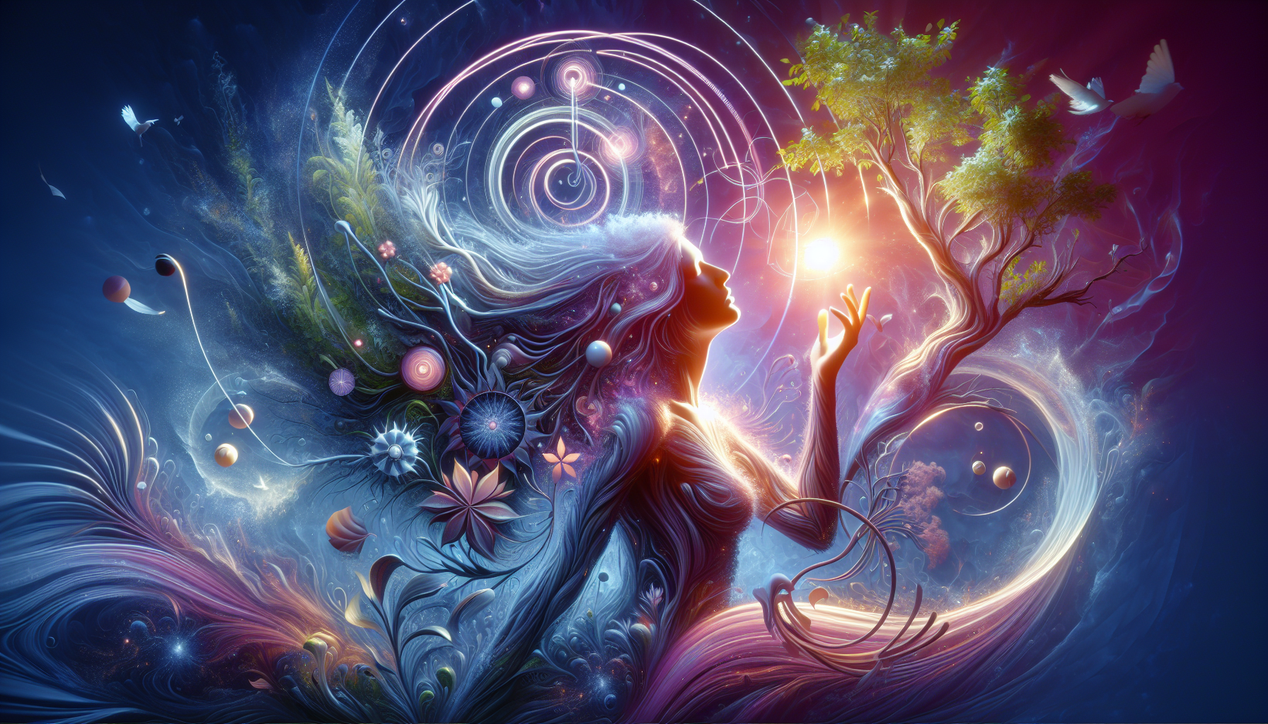 Mujer creando su propio destino rodeada de energía natural