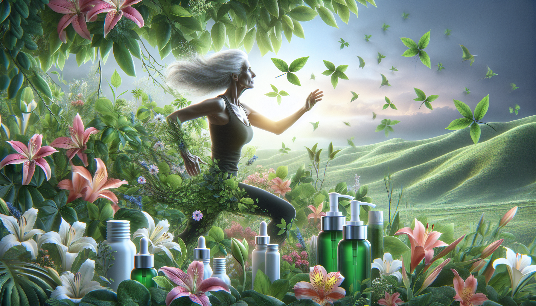 Mujer activa en la naturaleza con hojas y flores