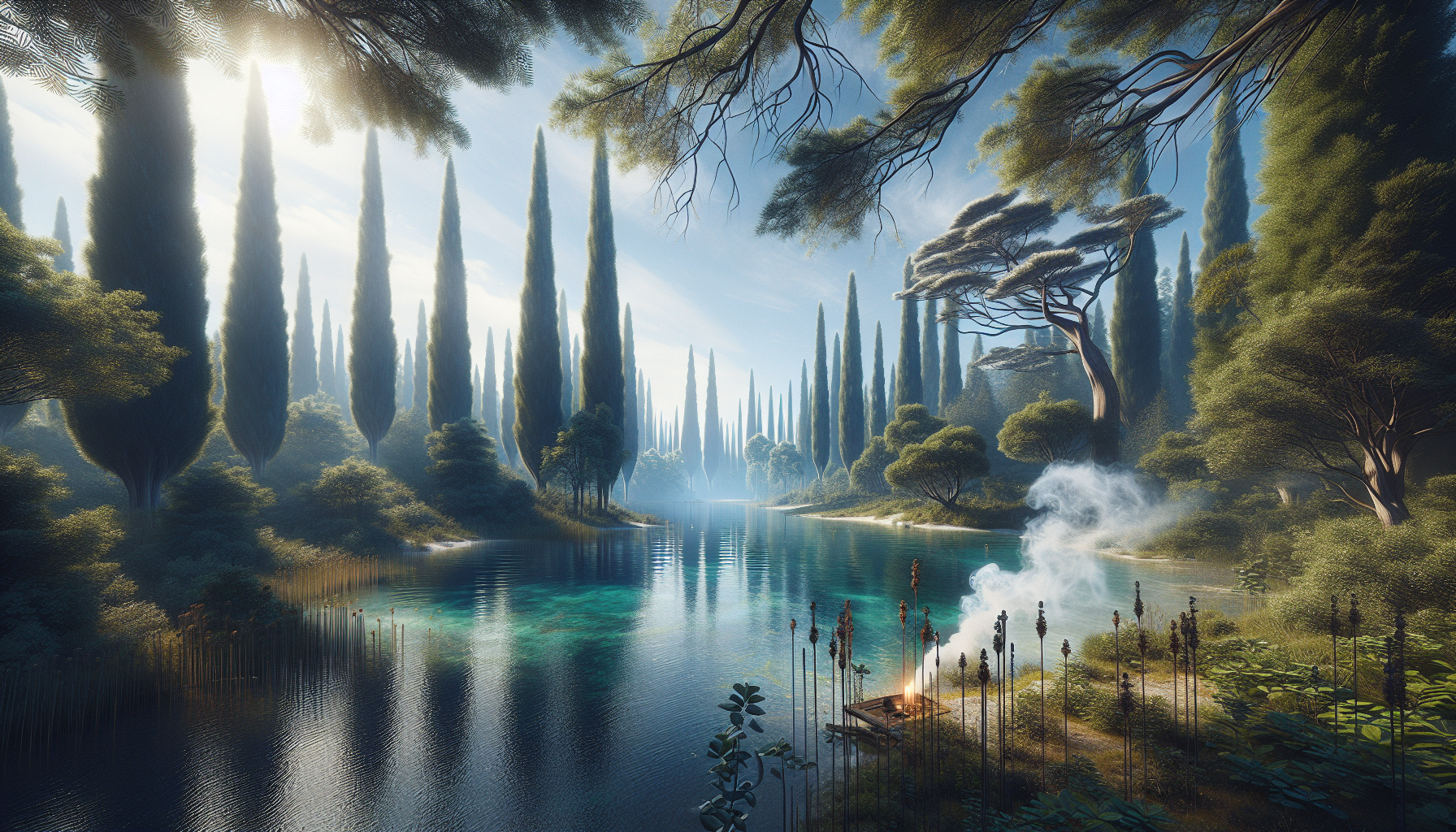 Lago sereno rodeado de cipreses y notas de incienso de sándalo