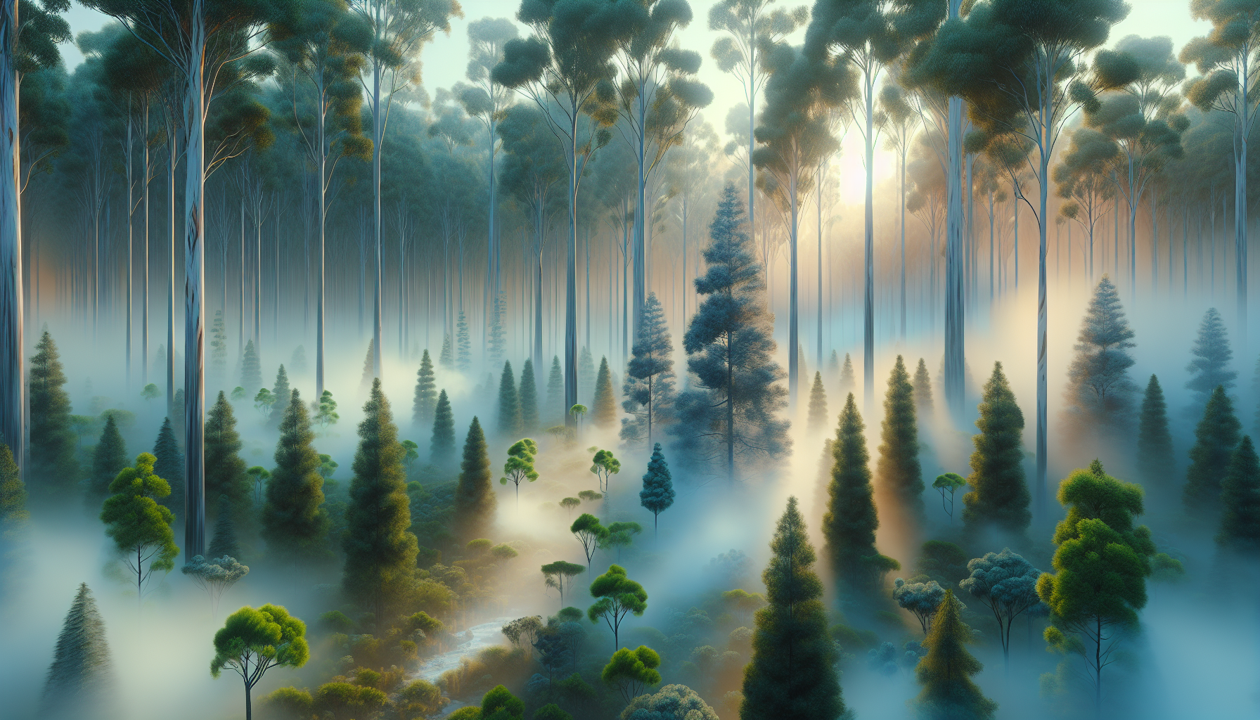 Neblina de eucalipto elevándose entre pinos perfumados