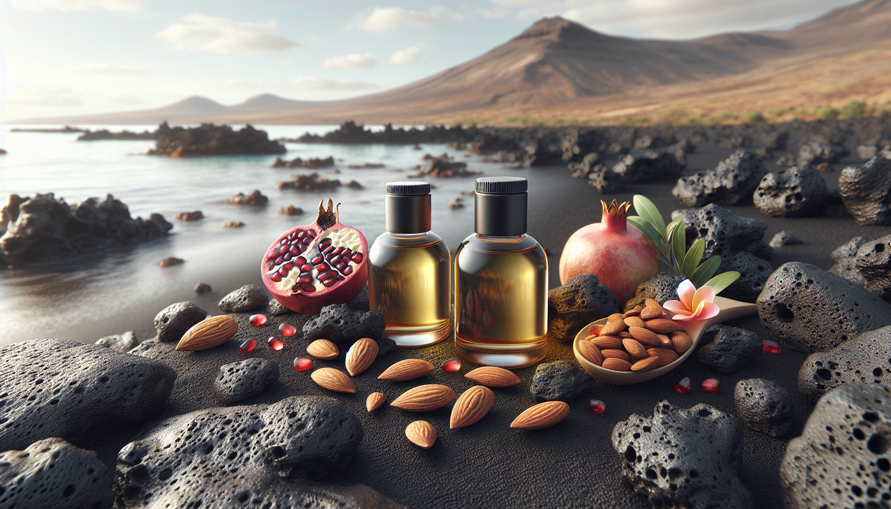 Frascos de aceite de almendra y granada sobre piedras volcánicas