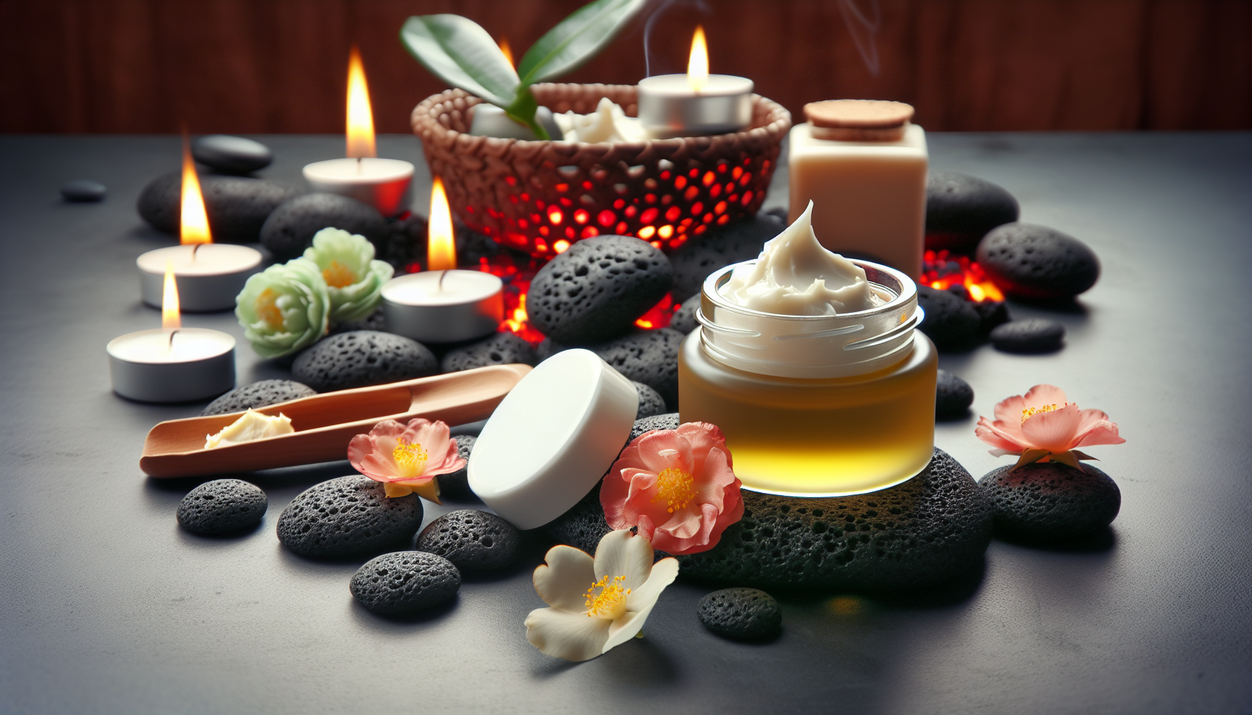 Frascos de karité y camelia sobre piedras volcánicas calientes