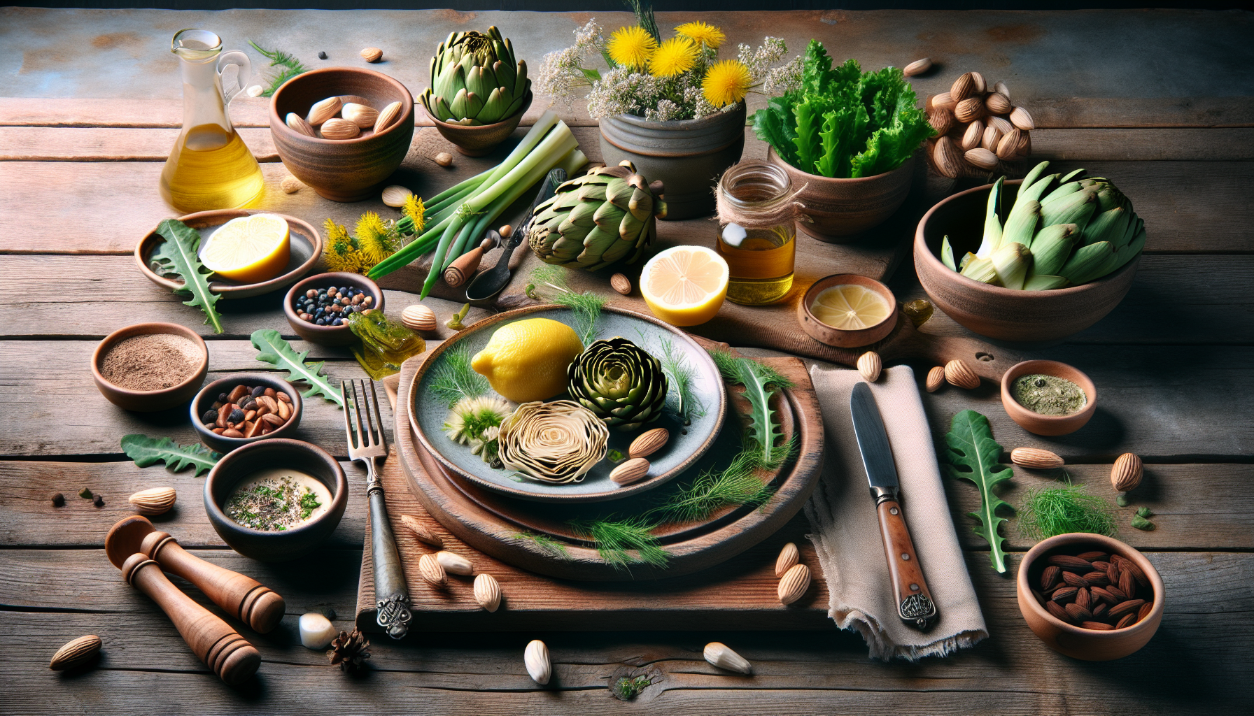 Platos con alcachofa, diente de león y limón sobre mesa rústica