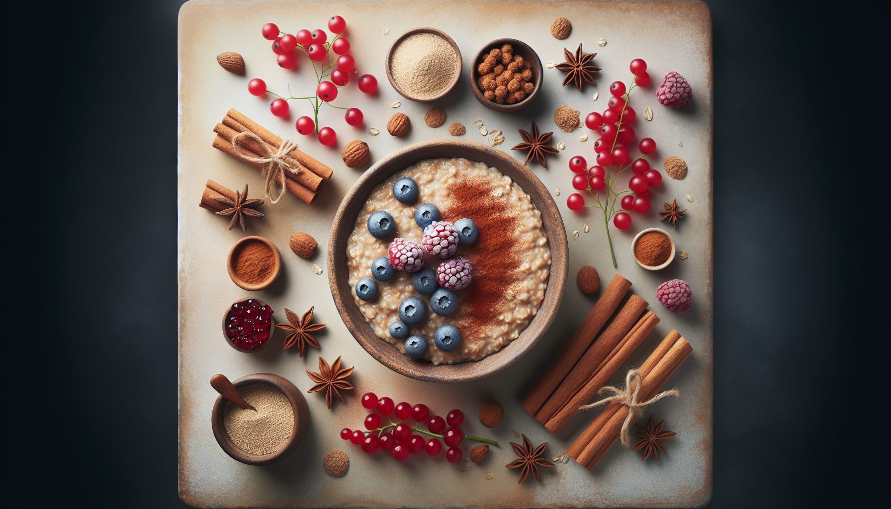 Tabla con canela, avena y frutos rojos sobre fondo claro
