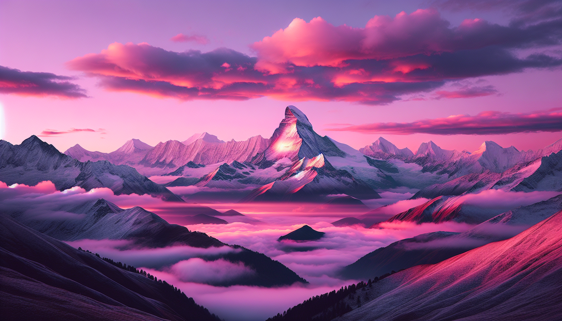 Cumbre nevada reflejando luz rosada del amanecer