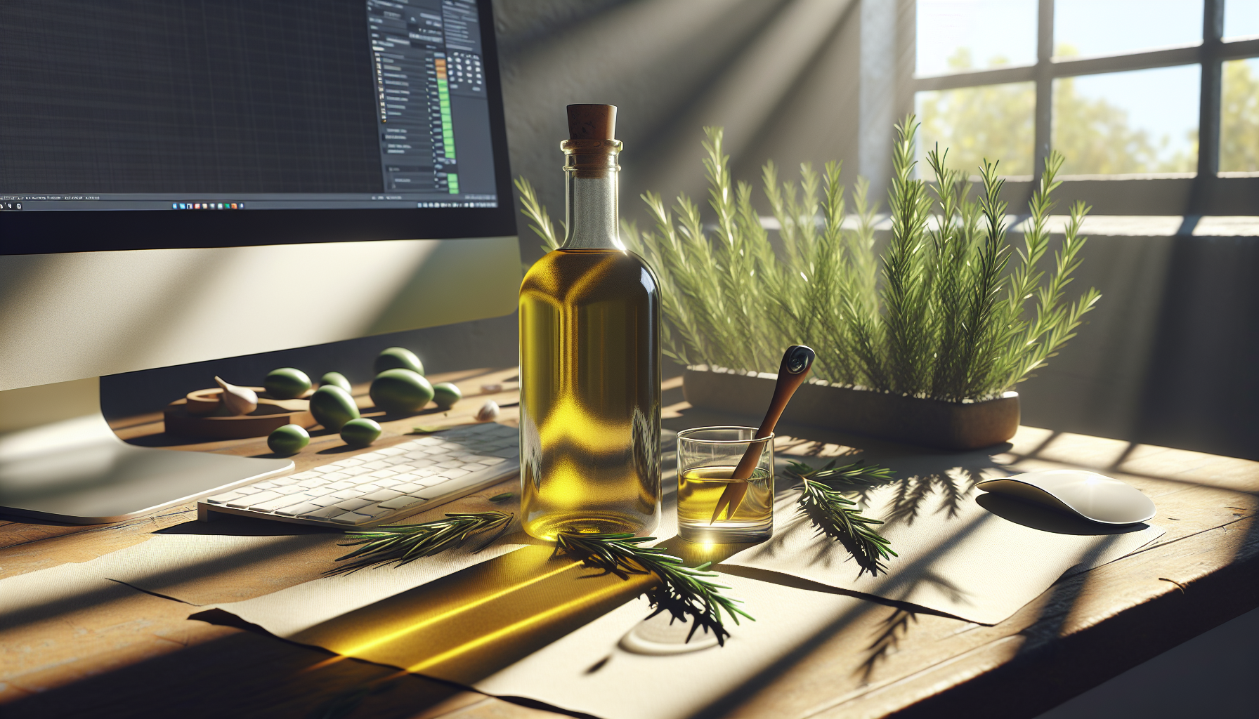 Mesa de trabajo con ramitas de romero y aceite de oliva virgen