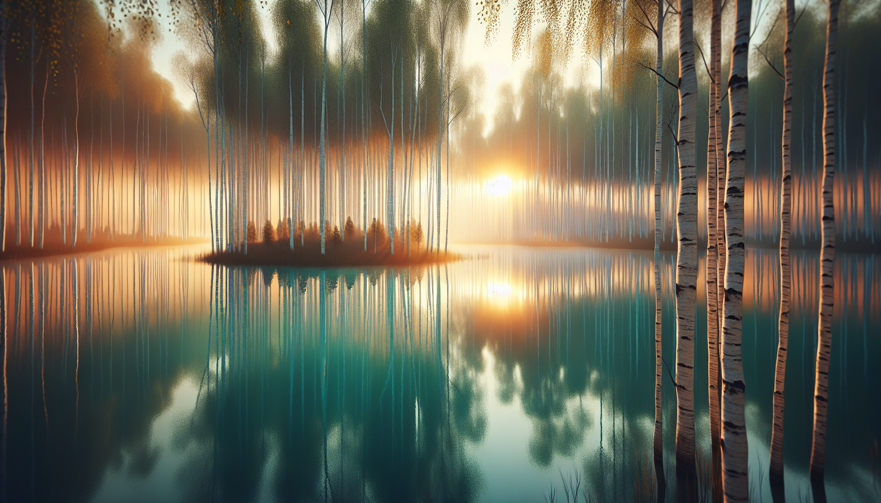 Amanecer reflejándose en lago turquesa rodeado de abedules