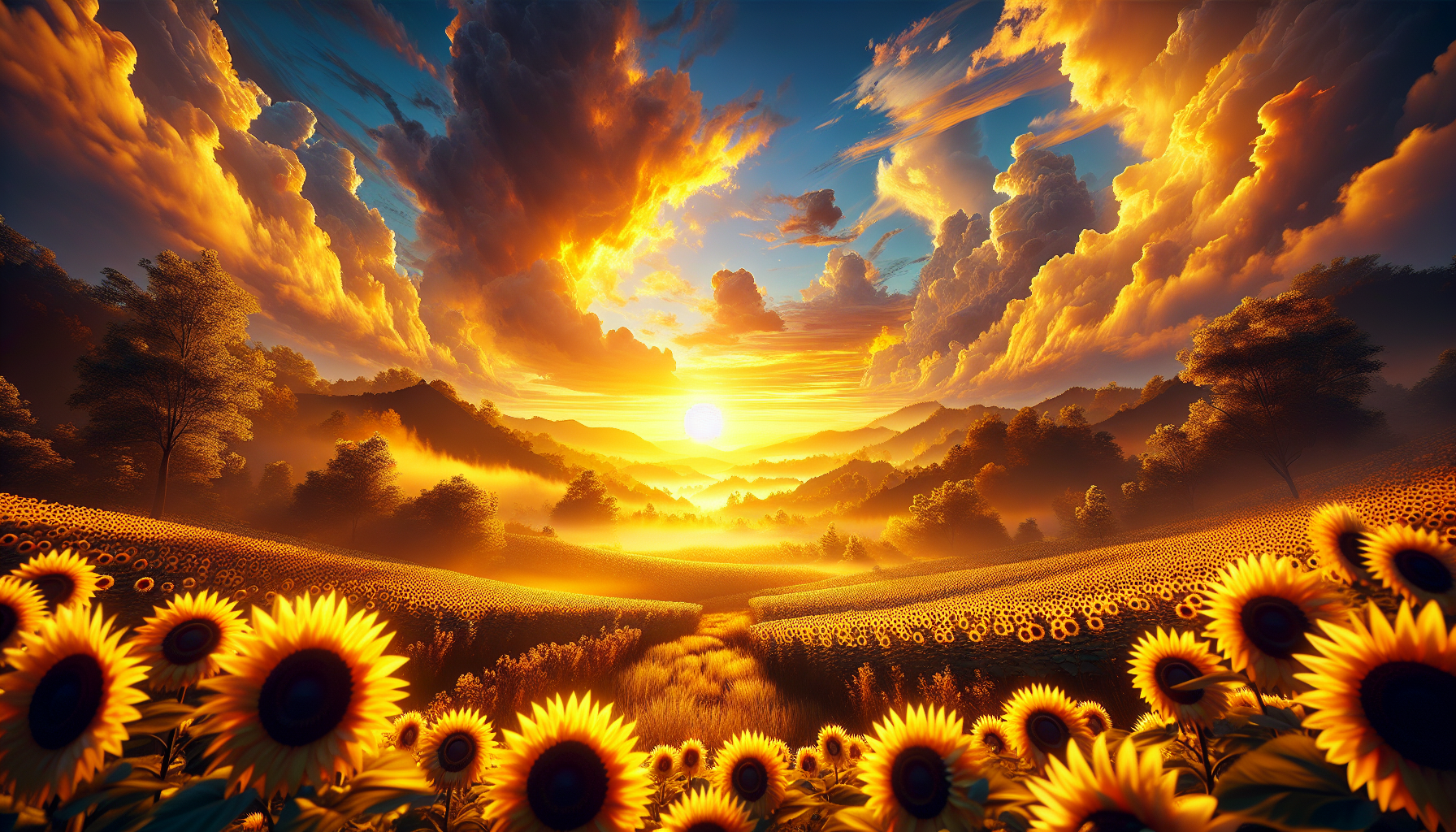 Aurora dorada iluminando campo de girasoles abiertos
