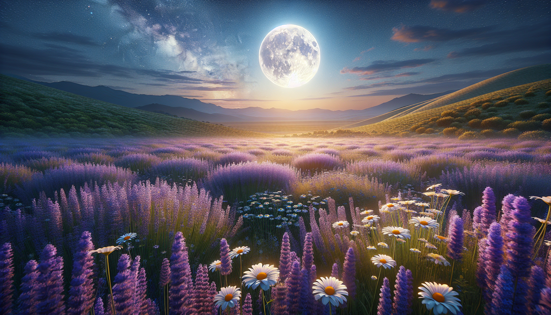 Luna llena sobre pradera aromática de lavanda y manzanilla
