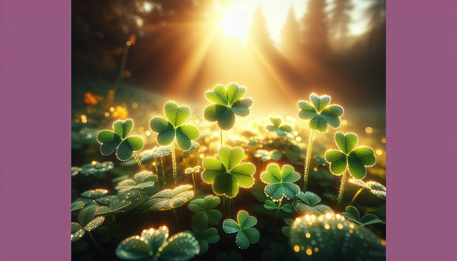 Tréboles de cuatro hojas cubiertos de rocío y luz suave