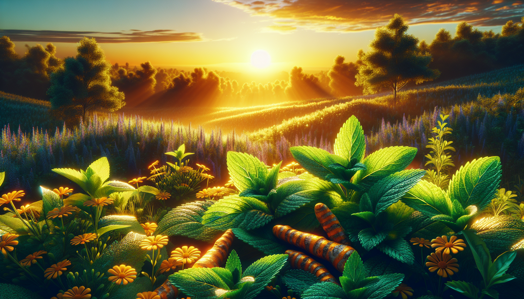 Ráfaga de hojas de menta y cúrcuma iluminadas por un amanecer vibrante