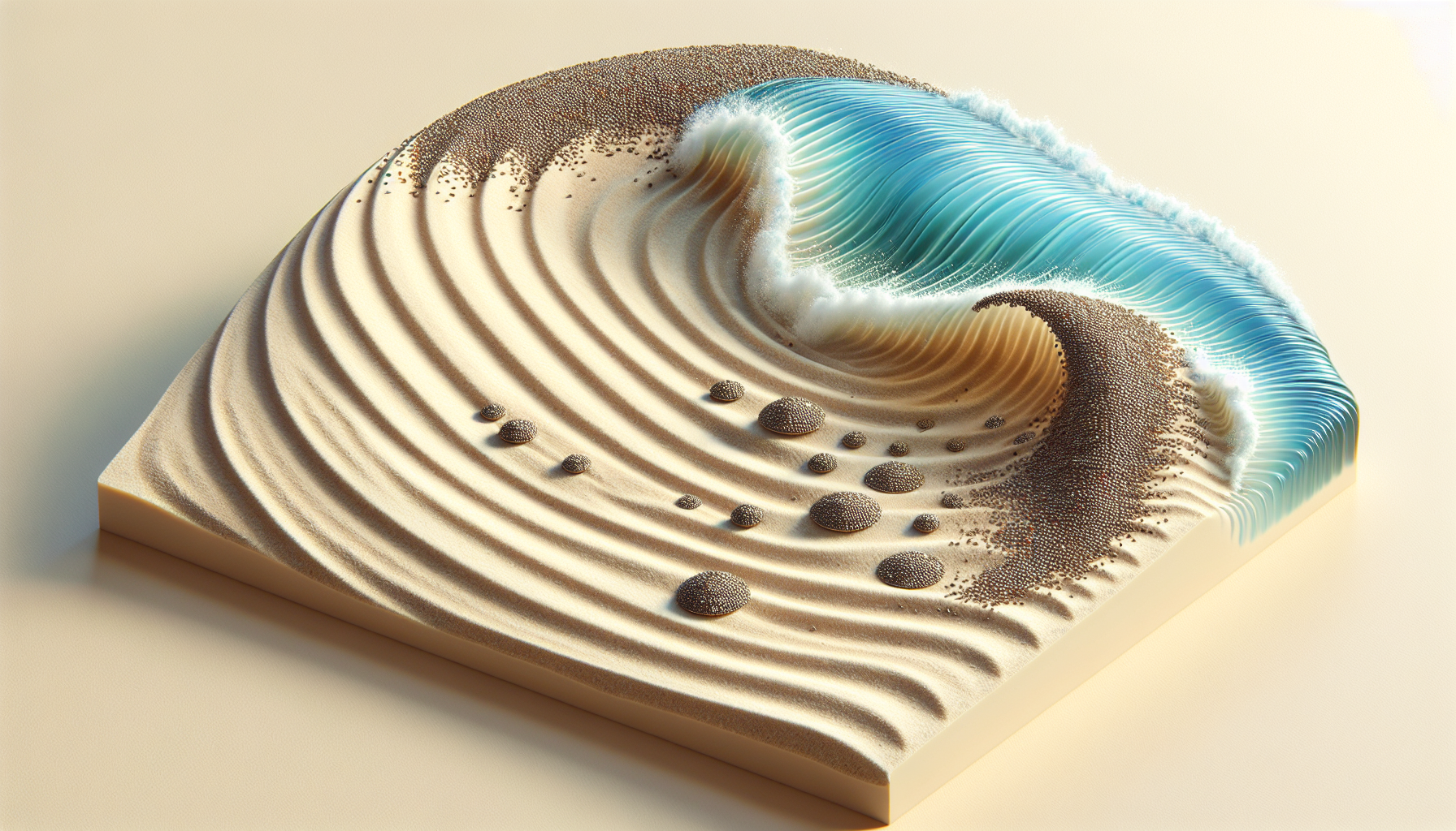 Patrón de olas suaves en arena con semillas de chía dispersas