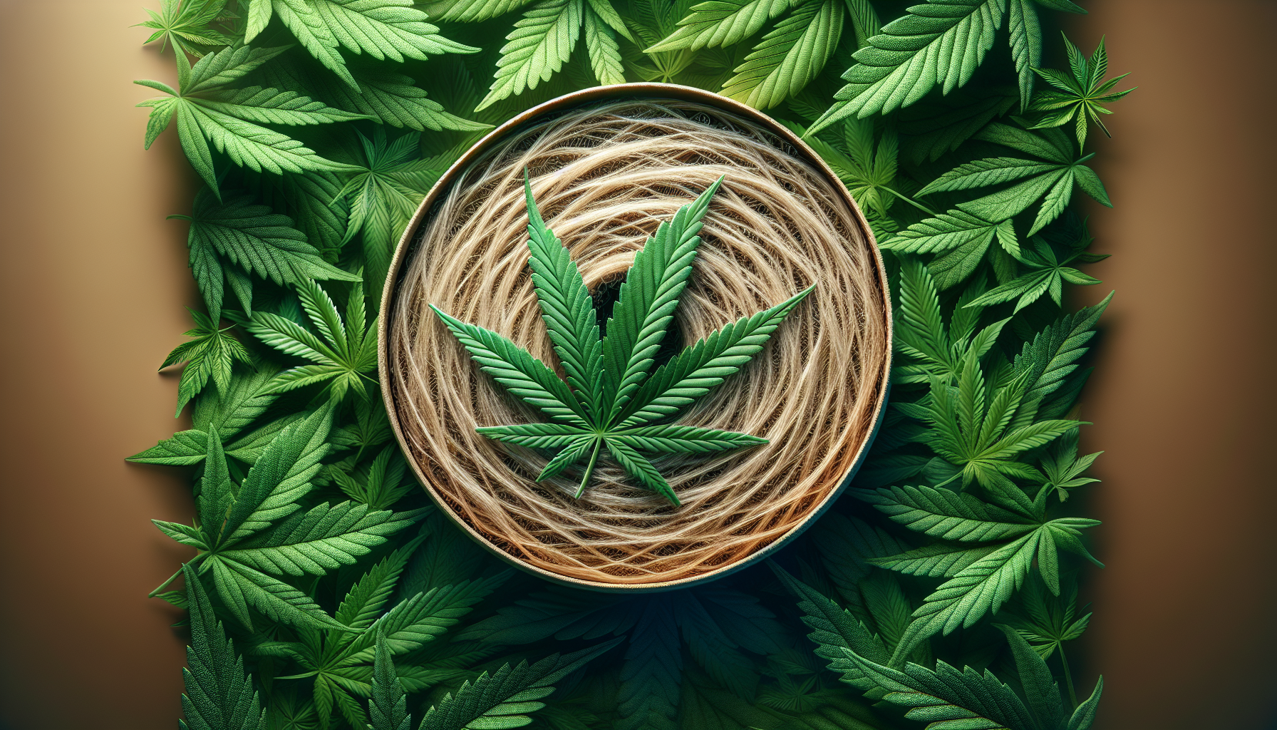 Cinta natural de fibras de cáñamo sobre fondo de hojas frescas
