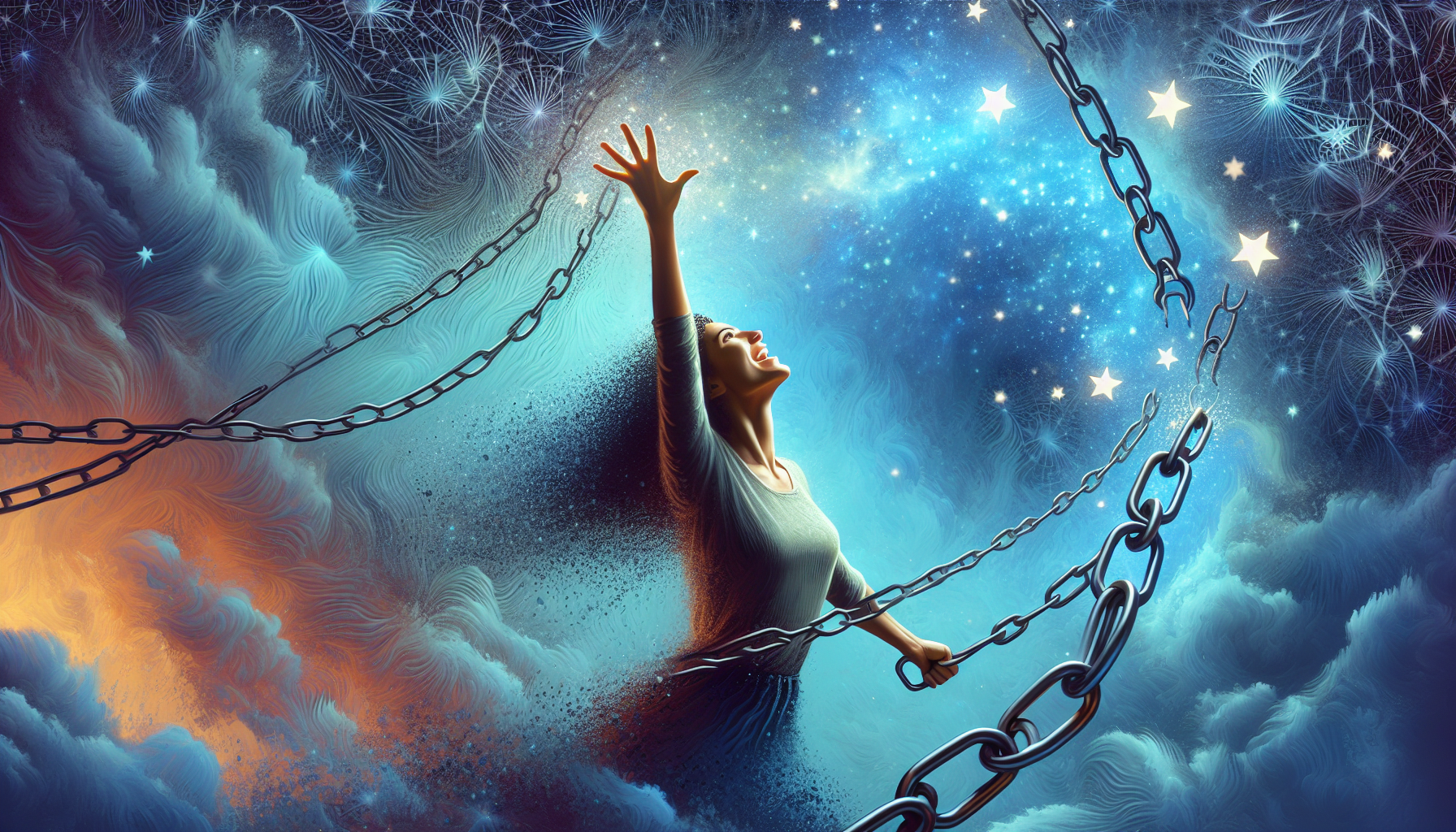Mujer rompiendo cadenas y alcanzando nuevas alturas