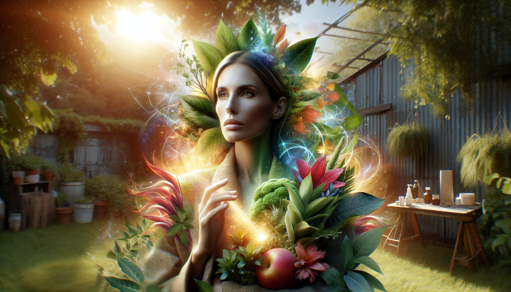 Mujer profesional en cosmética natural rodeada de naturaleza