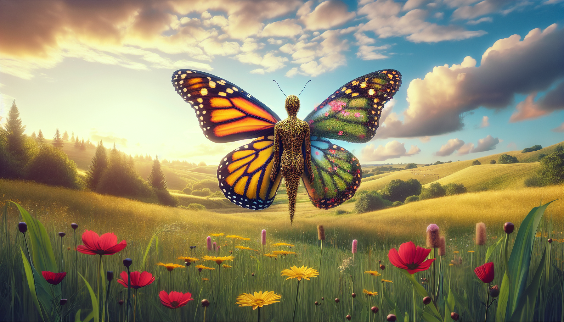 Metamorfosis de mariposa sobre un campo de flores silvestres