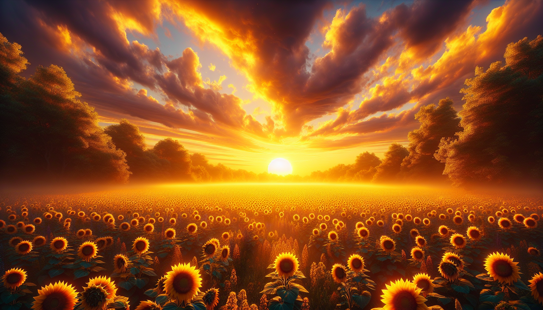 Amanecer dorado iluminando campo de girasoles